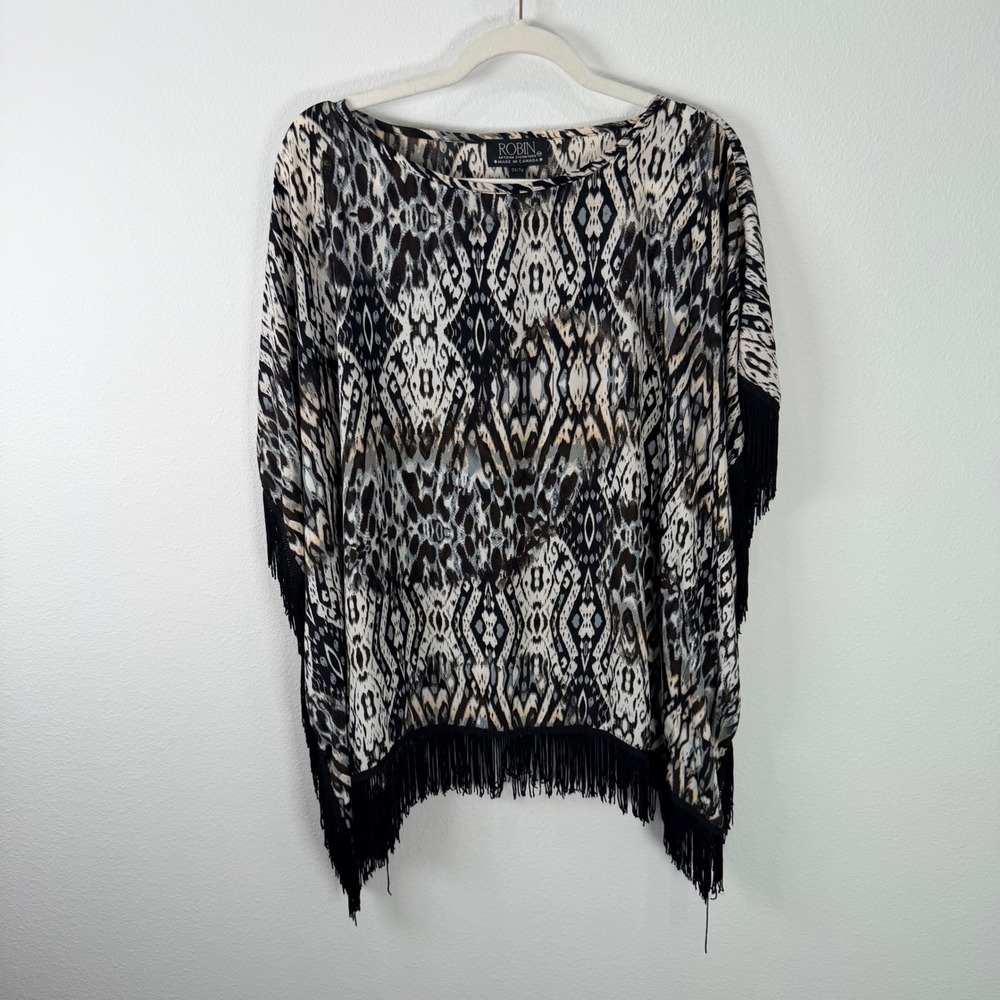 Robin Artizan Signature OS Poncho Top Brown Black Tribal Print Fringe Canada
